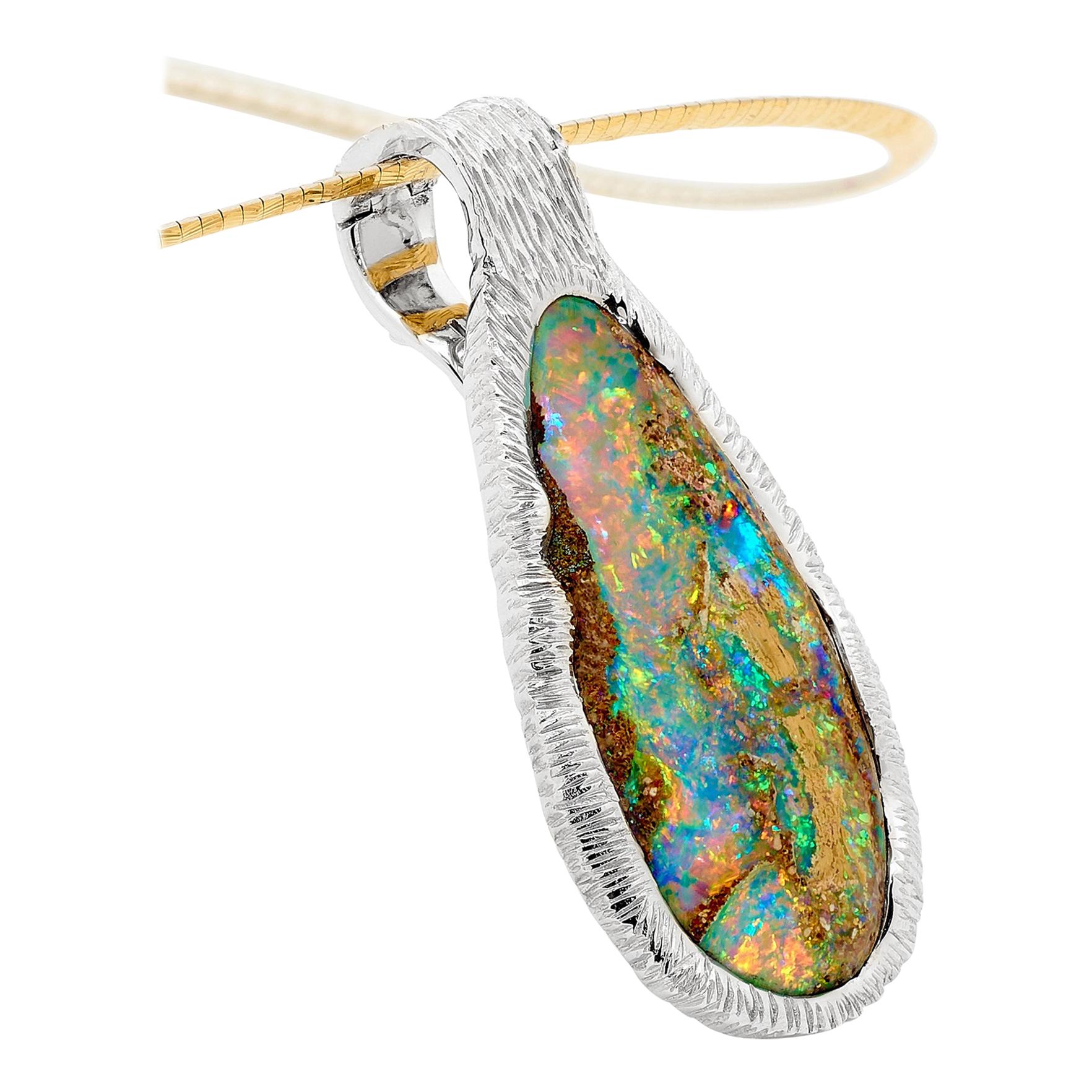 Natural Australian 21.60ct Boulder Opal Pendant Necklace in 18K White Gold