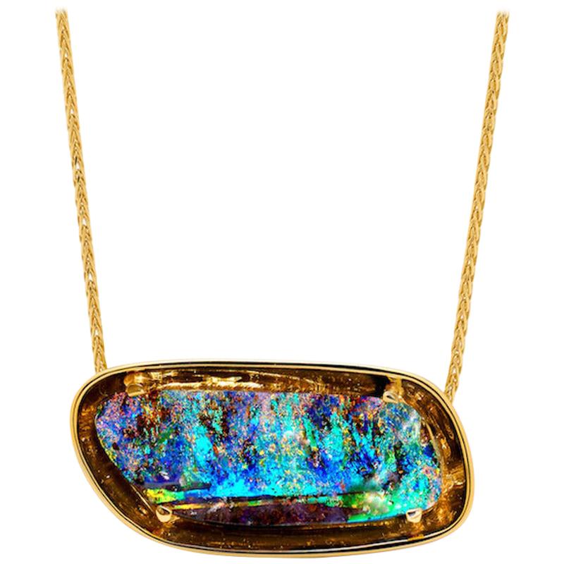 Natural Australian 15.27ct Boulder Opal Pendant Necklace in 18K Yellow Gold
