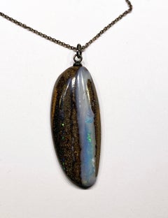 Australian Boulder Opal Pendant Sliding on an Blackened Silver Chain