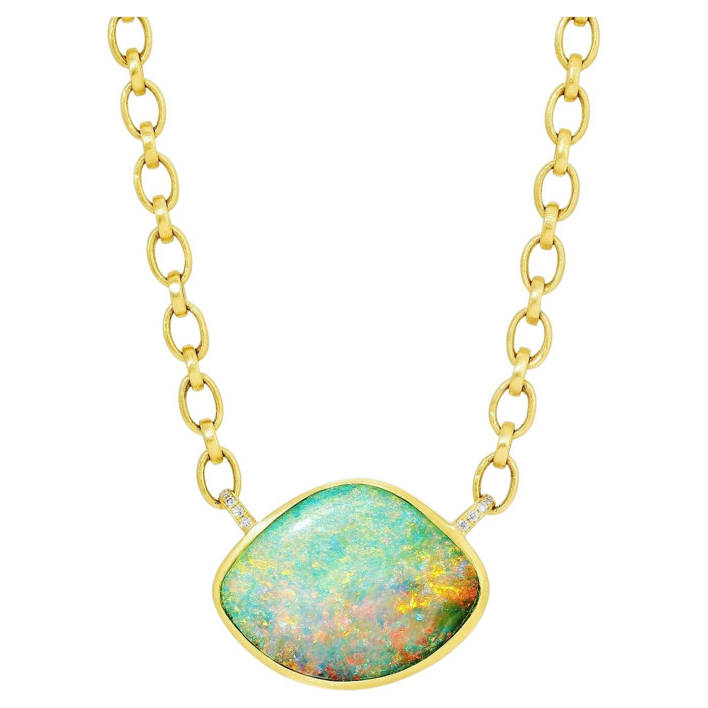 Australian Boulder Opal Pendant with Diamond Accents on 18k Yellow Gold Chain For Sale
