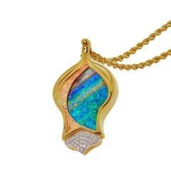 Australian Boulder Opal, Pink Diamond, 18K Gold & Platinum Necklace
