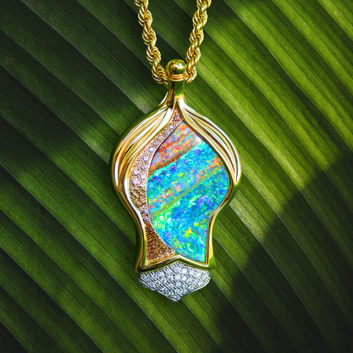 Women's Australian Boulder Opal, Pink Diamond, 18K Gold & Platinum Necklace For Sale