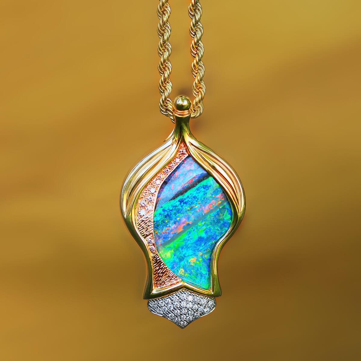 Australian Boulder Opal, Pink Diamond, 18K Gold & Platinum Necklace For Sale 1