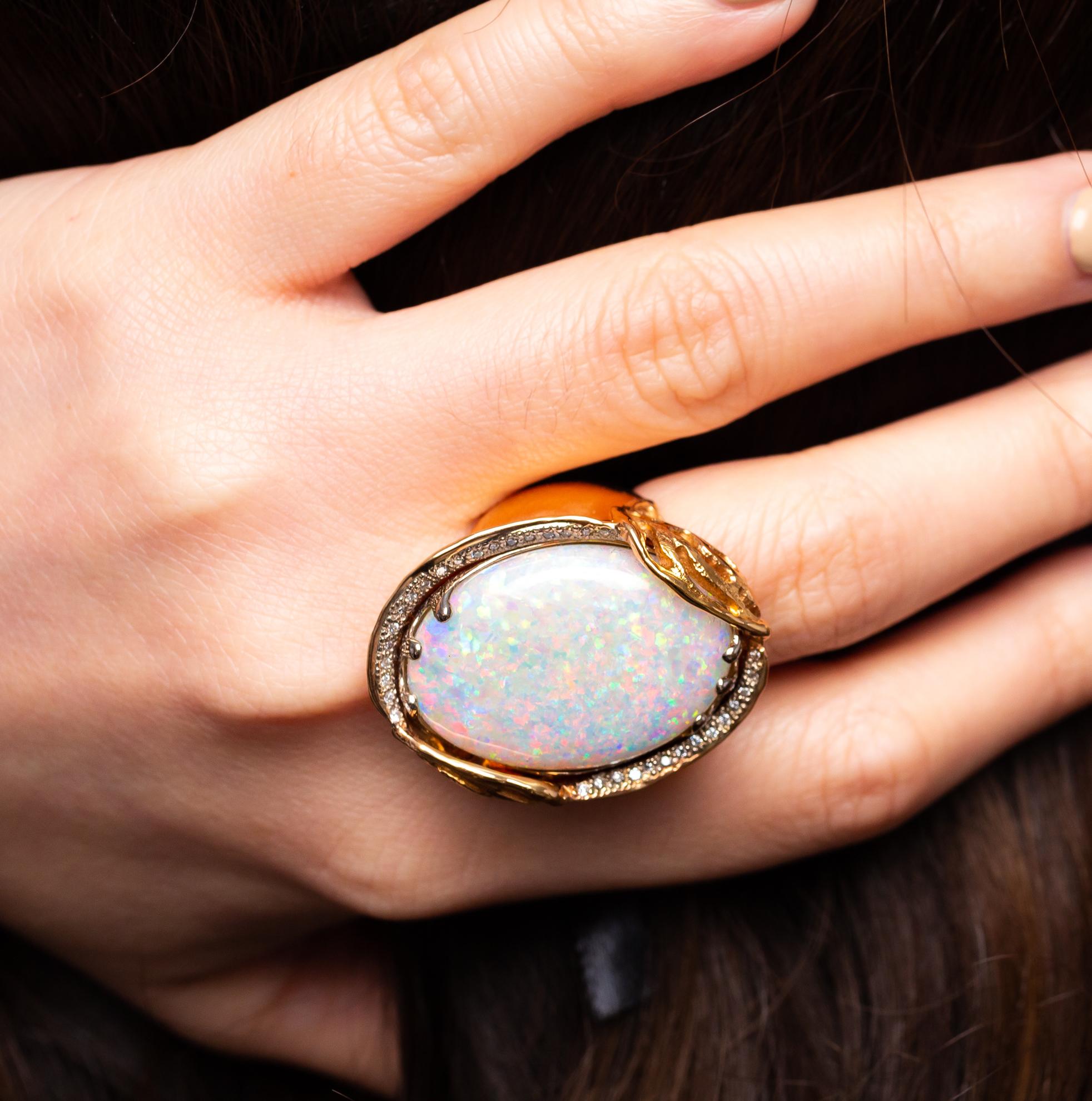 Contemporary Natural Australian 27.56ct Boulder Opal and Diamonds Ring 18K Yellow Gold For Sale