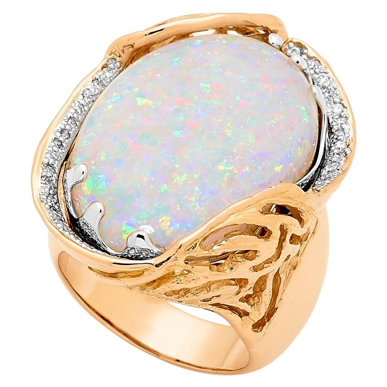 Natürlicher australischer 27,56 Karat Boulder-Opal und Diamanten Ring aus 18 Karat Gelbgold