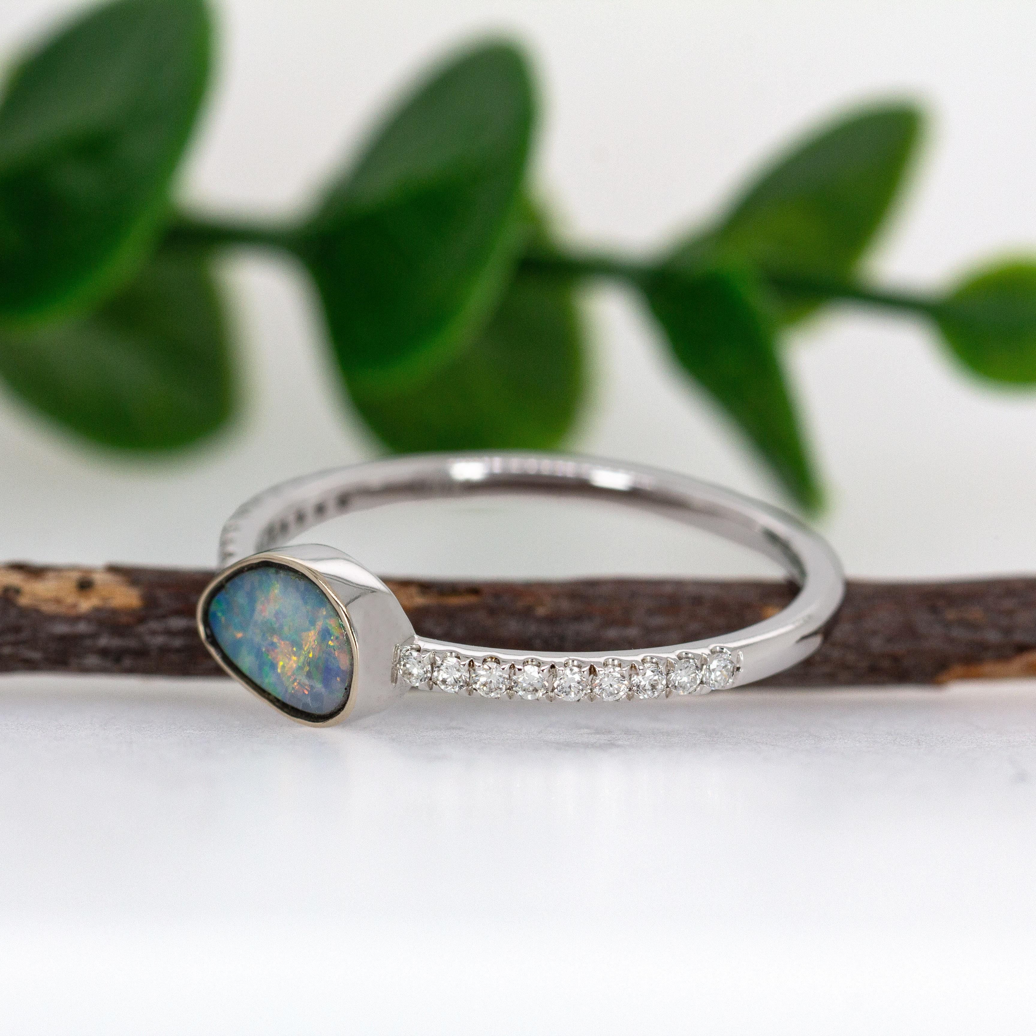 Taille poire Australian Boulder Opal Ring with Diamond Pave Shank in 14K Solid Gold en vente