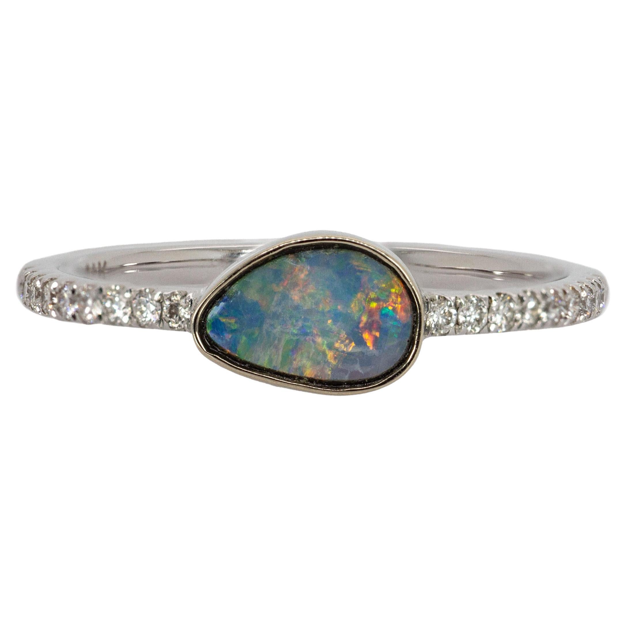Australian Boulder Opal Ring with Diamond Pave Shank in 14K Solid Gold
