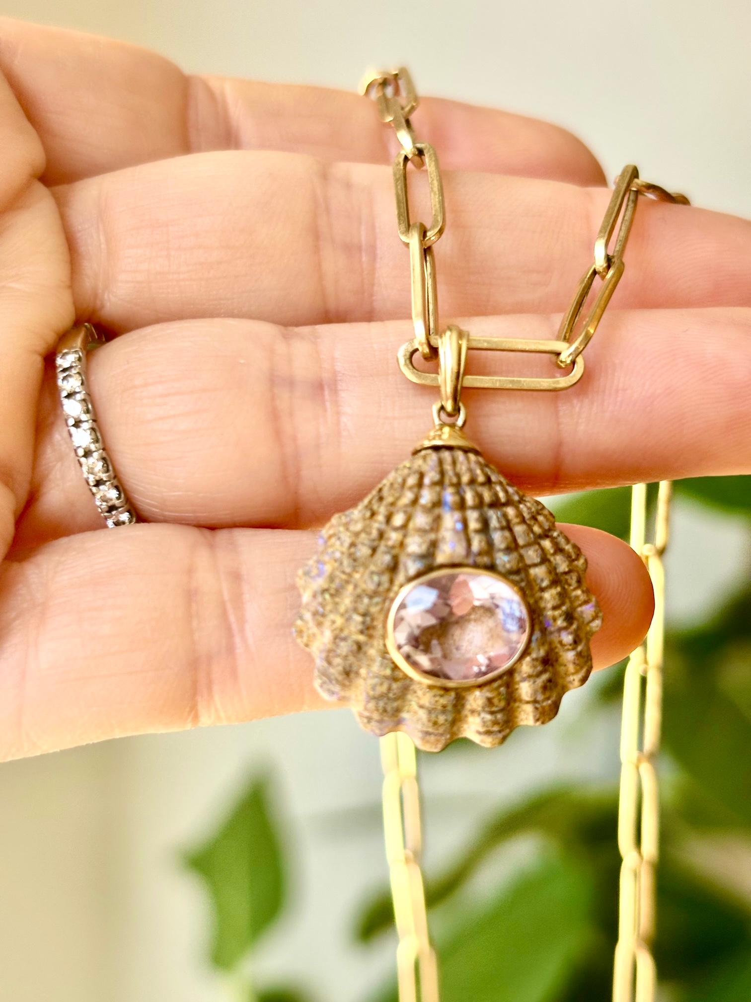 Women's or Men's Australian Boulder Opal Shell Pendant, with Amethyst and 14k Gold For Sale