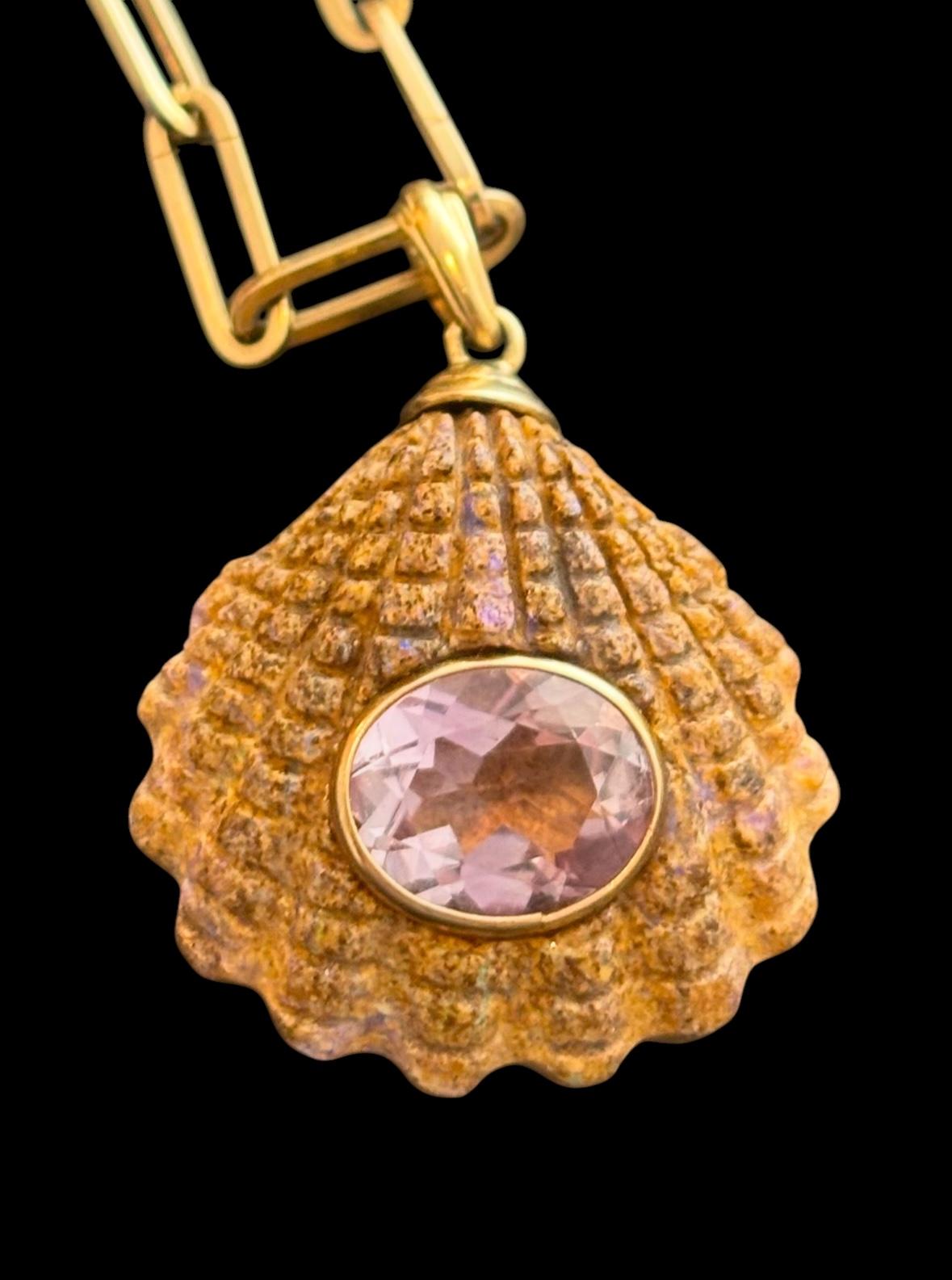 Australian Boulder Opal Shell Pendant, with Amethyst and 14k Gold In New Condition For Sale In New York, NY