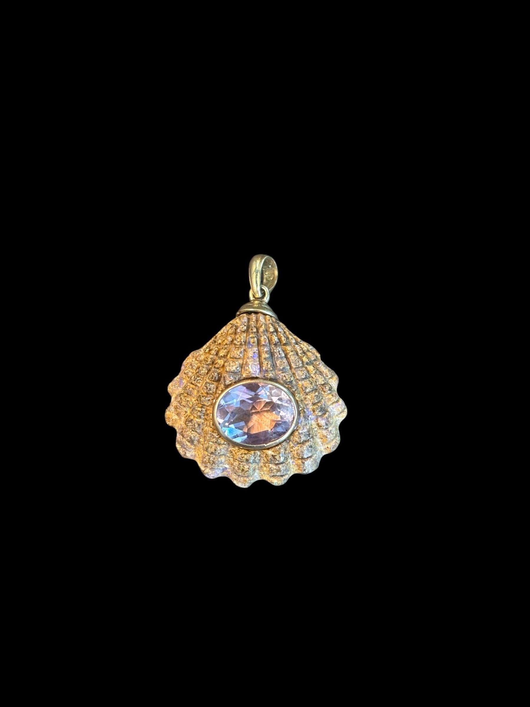 Australian Boulder Opal Shell Pendant, with Amethyst and 14k Gold For Sale 4