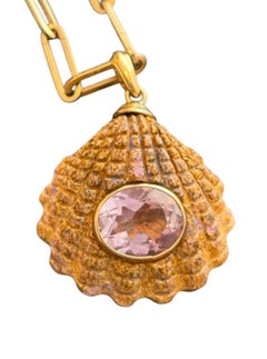 Australian Boulder Opal Shell Pendant, with Amethyst and 14k Gold