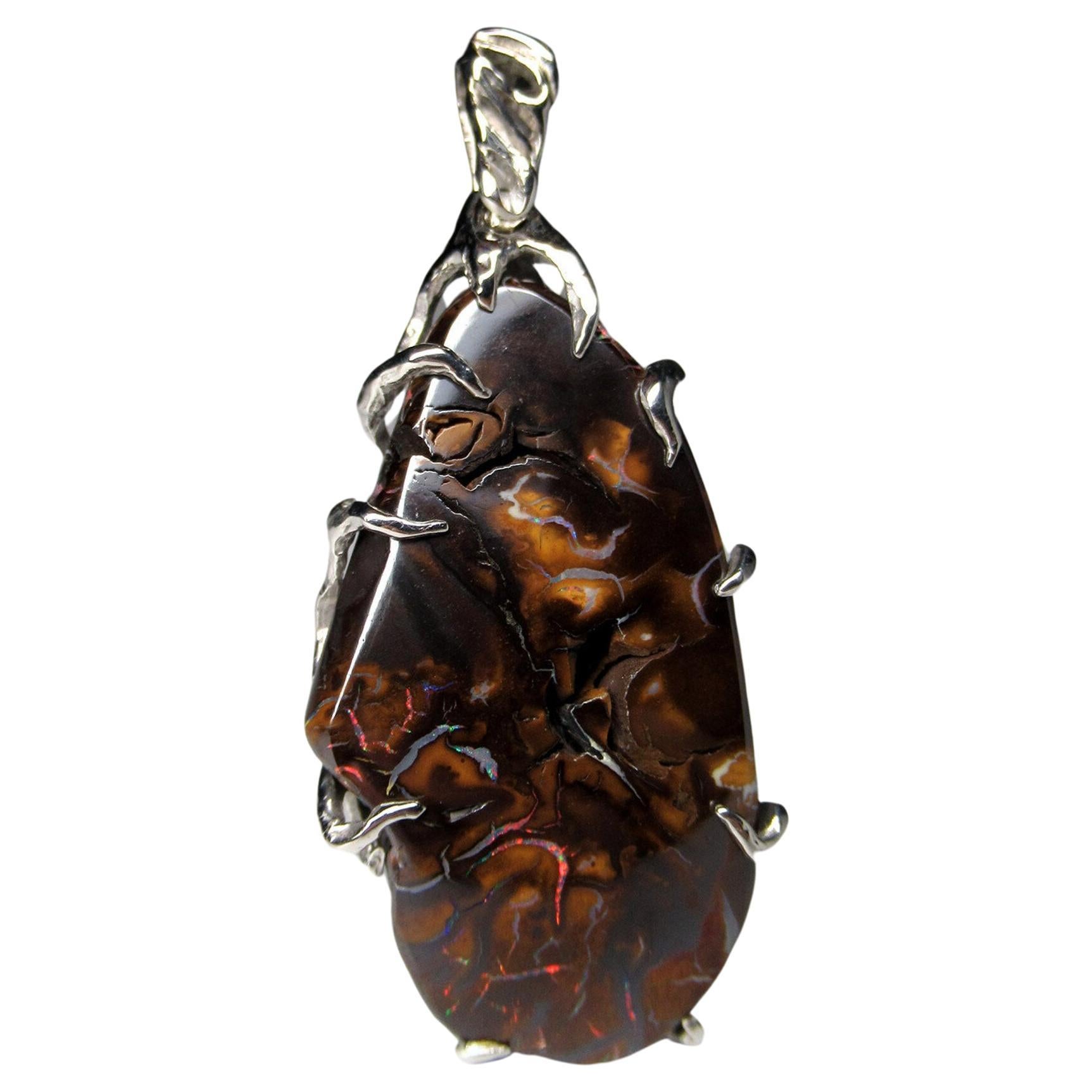 Australian Boulder Opal Silver Pendant Brown Raw Red Flash Opalescence Gemstone