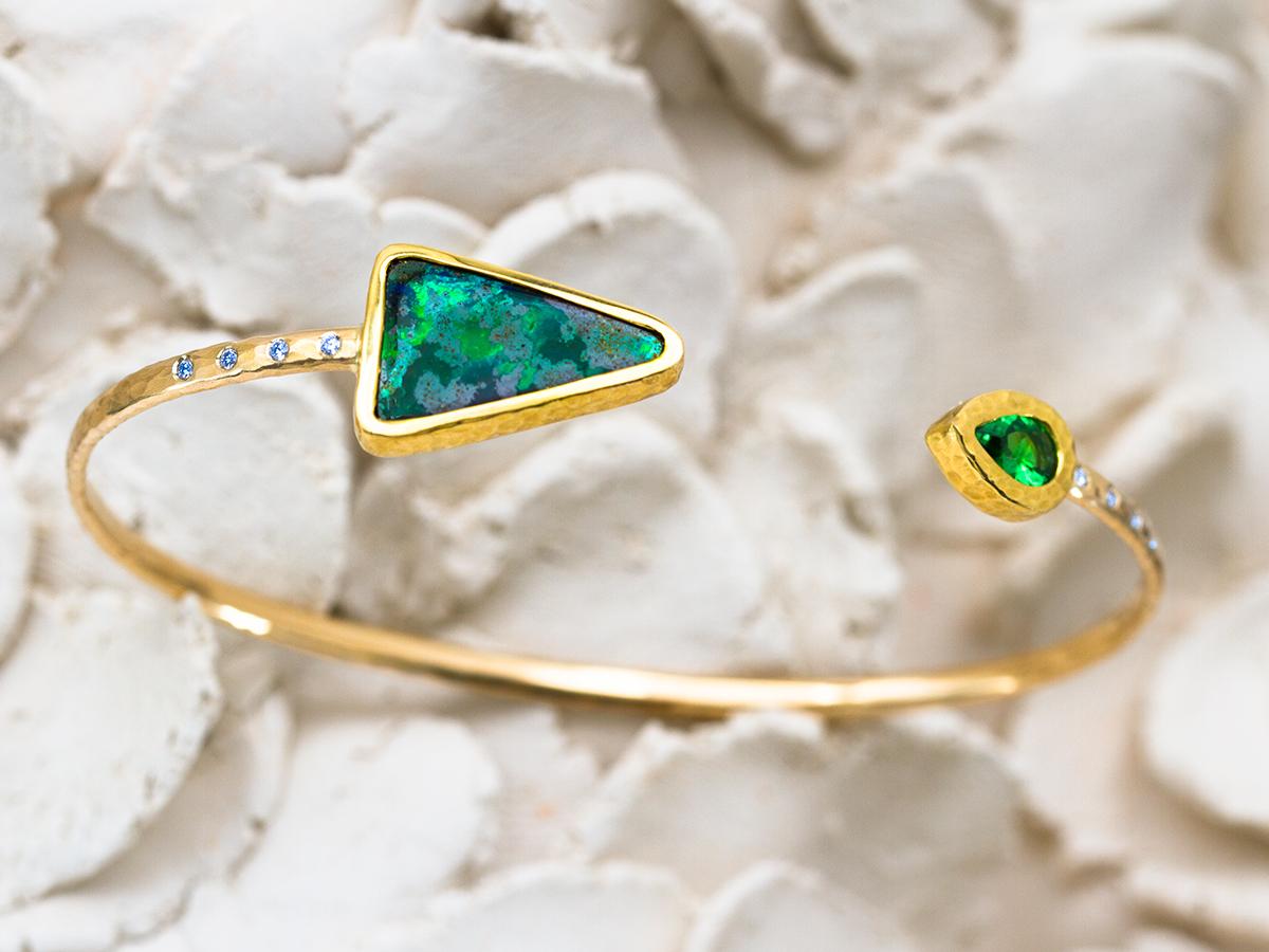 Artisan Australian Boulder Opal, Tsavorite and Diamond 18 Karat Gold Cuff Bracelet For Sale