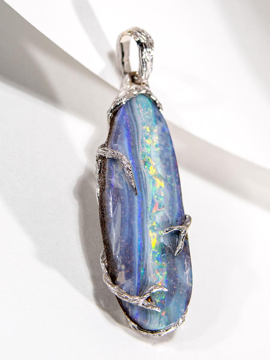 Uncut Australian Opal Gold Pendant Raw Natural Necklace Purplish Blue For Sale