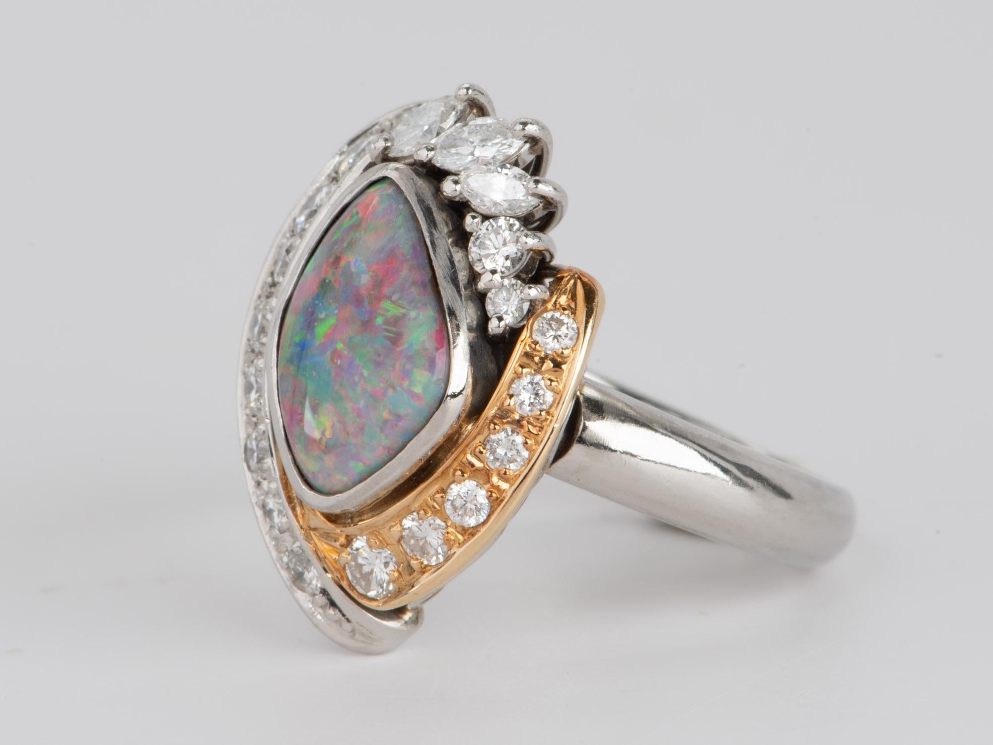 Uncut Australian Boulder Opal with Diamonds Designer Ring 18K Gold Platinum V1107 For Sale