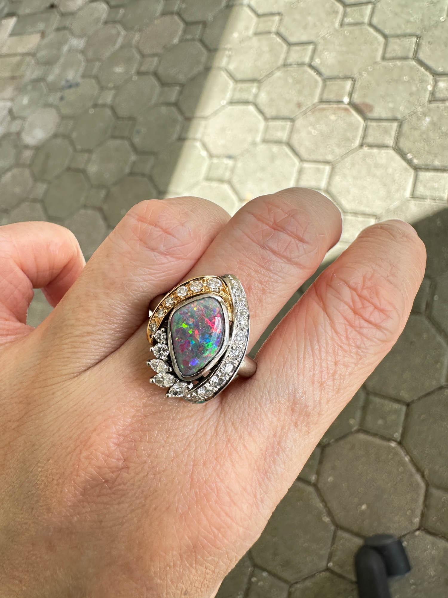 Women's or Men's Australian Boulder Opal with Diamonds Designer Ring 18K Gold Platinum V1107 For Sale