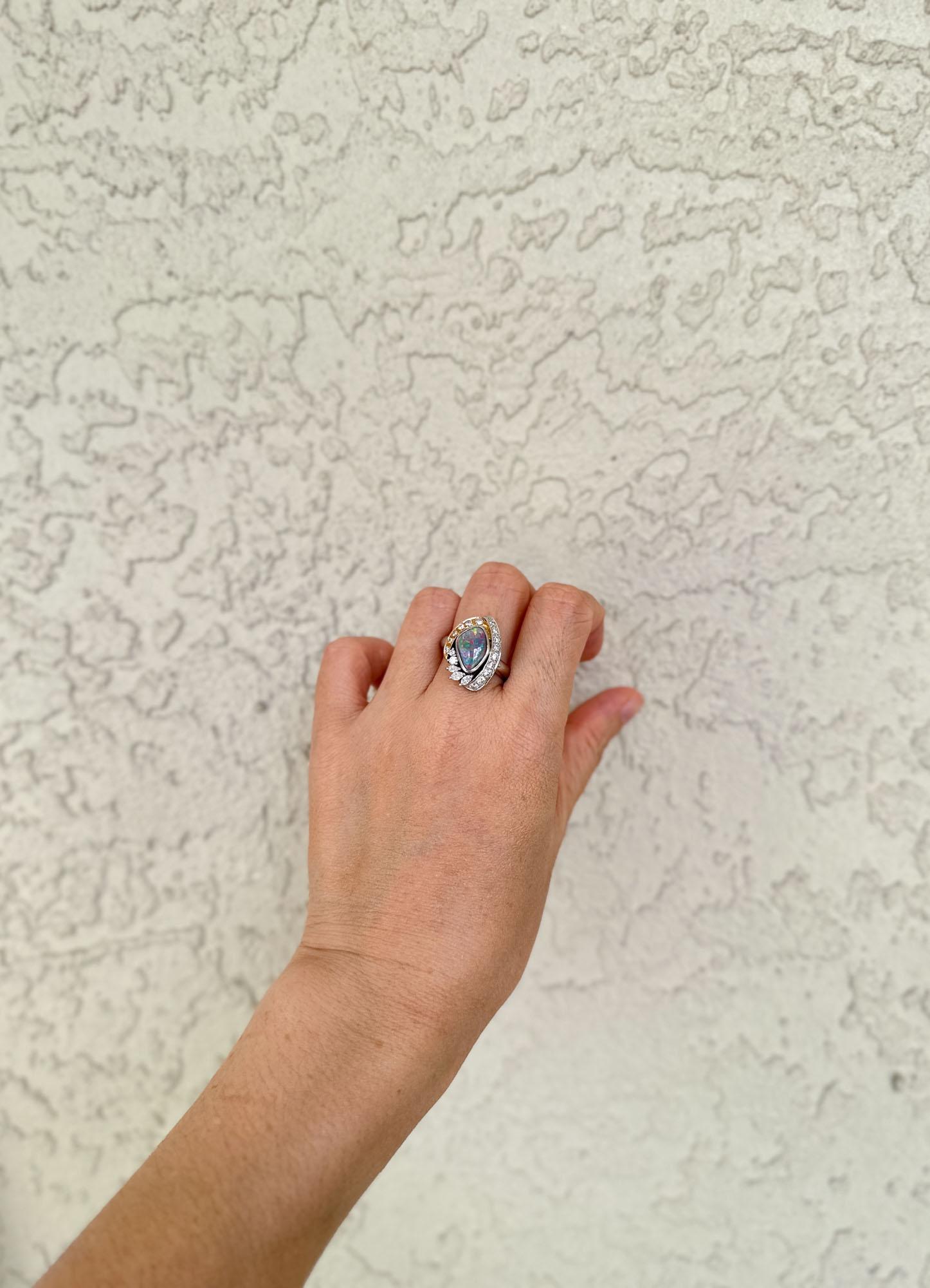 Australian Boulder Opal with Diamonds Designer Ring 18K Gold Platinum V1107 For Sale 1