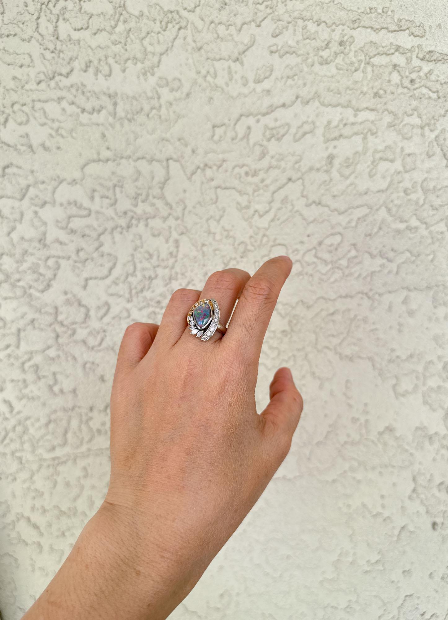 Australian Boulder Opal with Diamonds Designer Ring 18K Gold Platinum V1107 For Sale 2