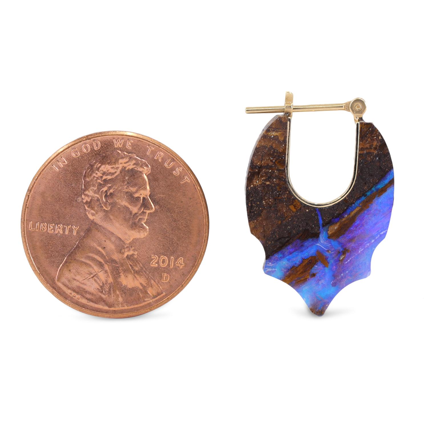 One of a Kind Crest Hoop Earrings hand-fabricated in Japan by Talkative Marotta showcasing a spectacular matched pair of hand-carved solid Australian boulder opal crests with handmade 18k yellow gold hardware. Stamped and Hallmarked.

Mined in