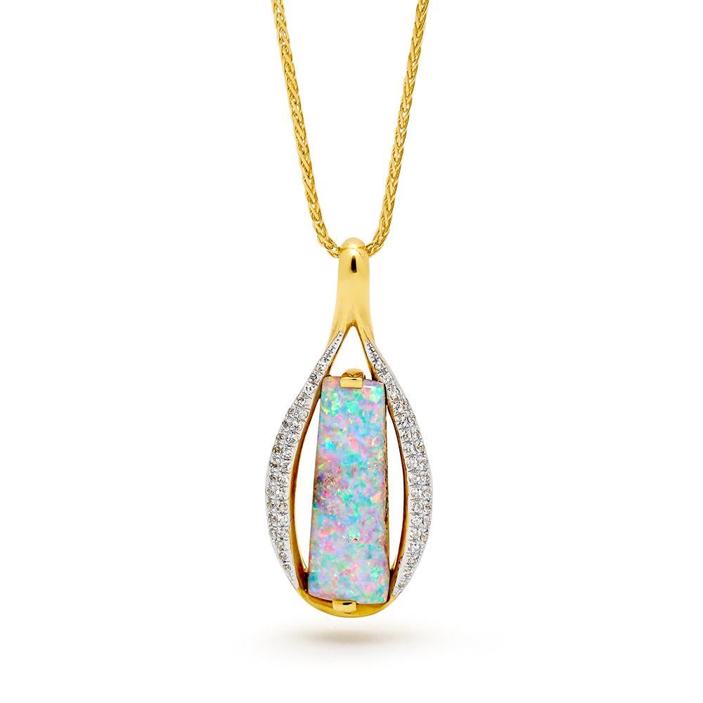 Contemporary Natural Opal Set: Boulder Opal Dangle Earrings and Necklace 18K Yellow Gold 