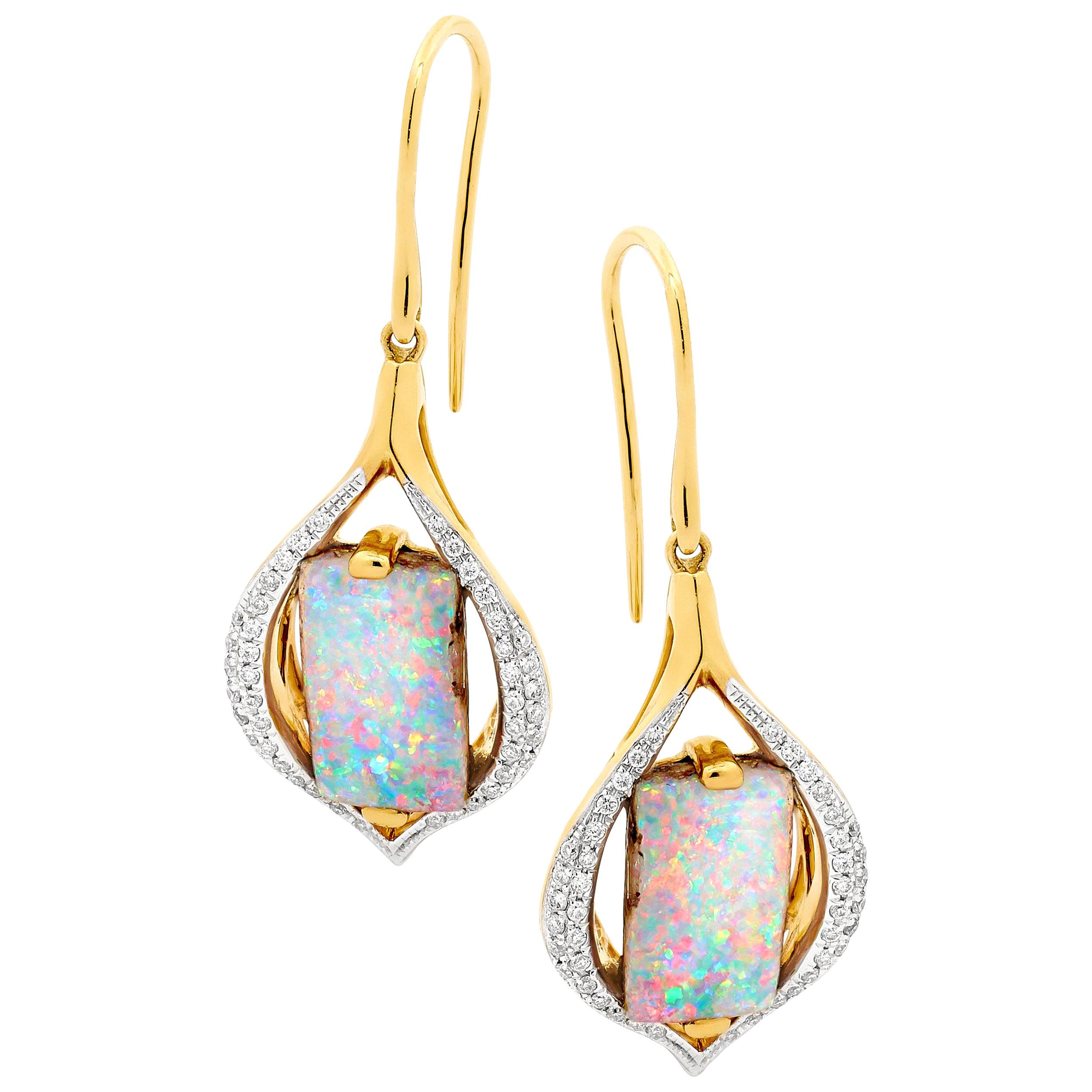 Natural Opal Set: Boulder Opal Dangle Earrings and Necklace 18K Yellow Gold 