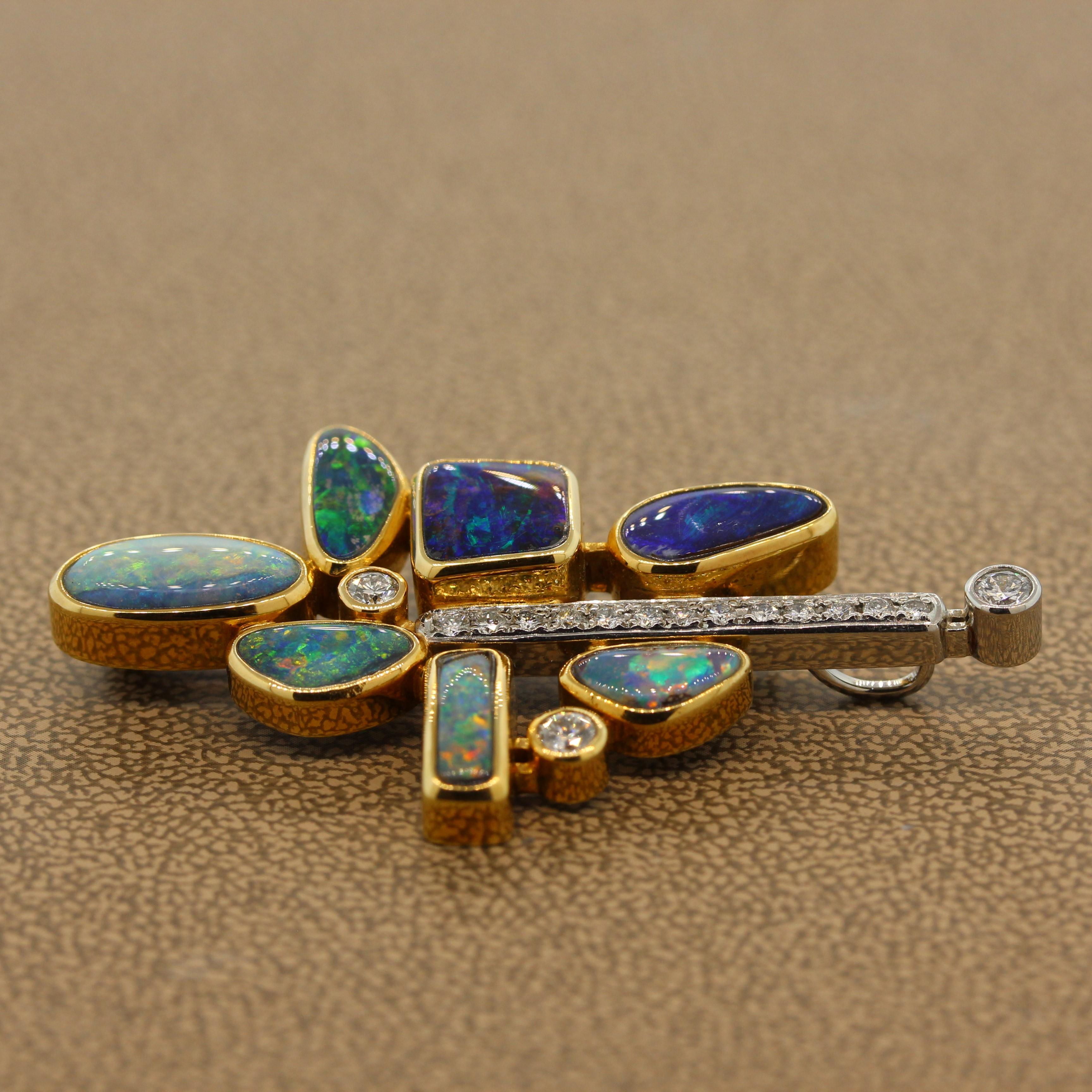 Australian Builder Opal Diamond Platinum Gold Brooch-Pendant In New Condition In Beverly Hills, CA