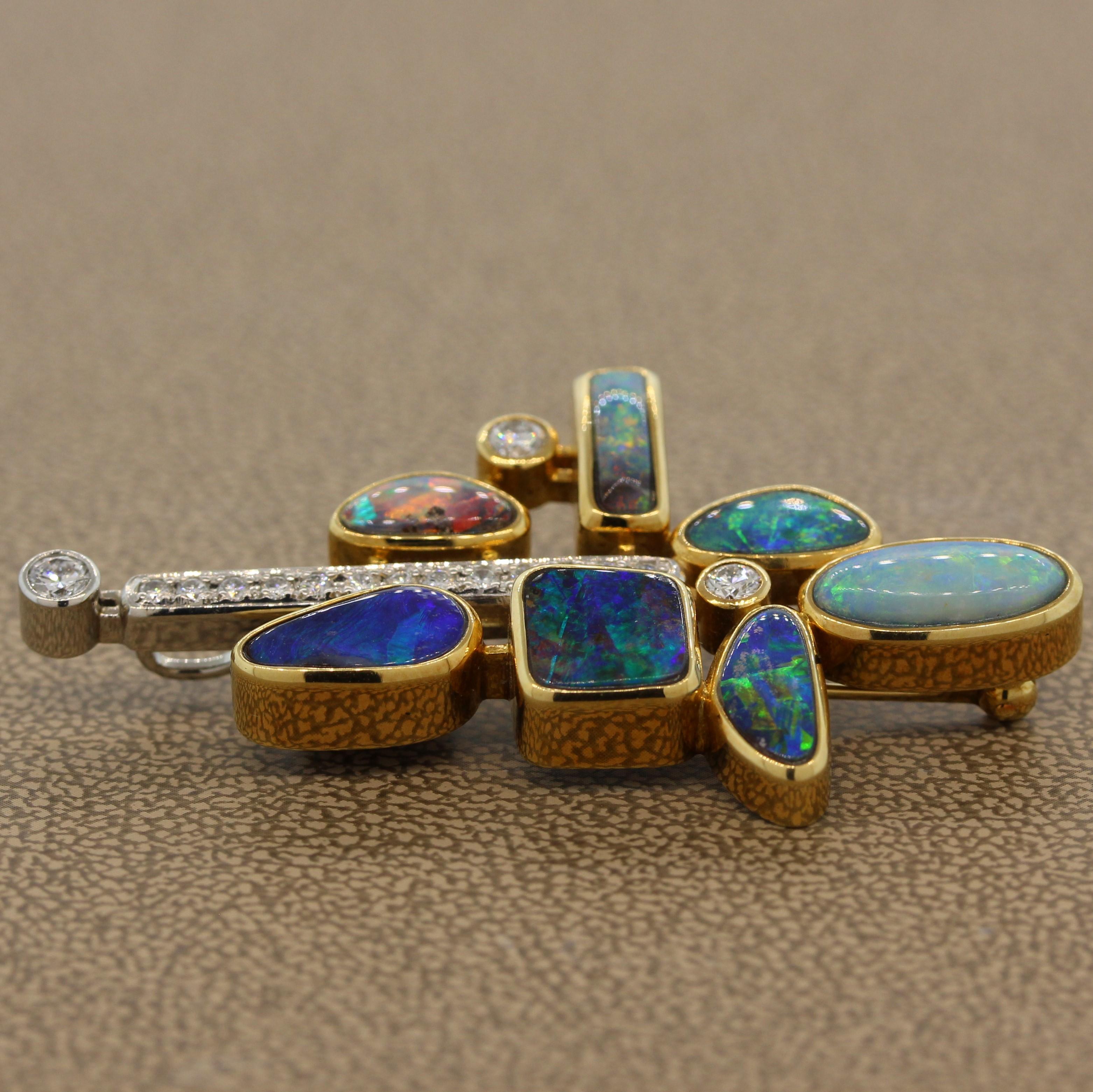 Women's Australian Builder Opal Diamond Platinum Gold Brooch-Pendant