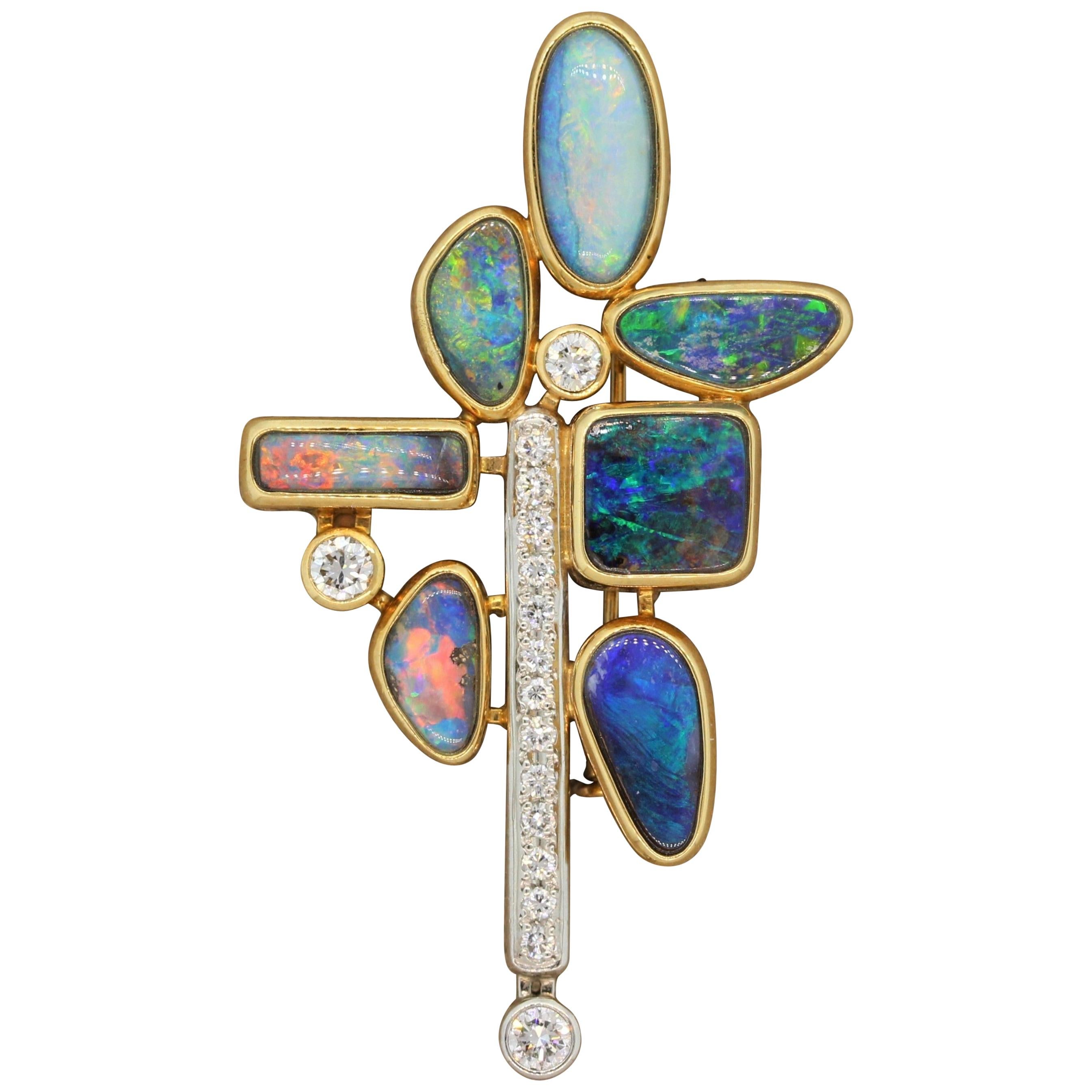 Australian Builder Opal Diamond Platinum Gold Brooch-Pendant