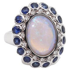 Australian Cabochon Opal Sapphires Diamonds Ring 14k White Gold, 2000