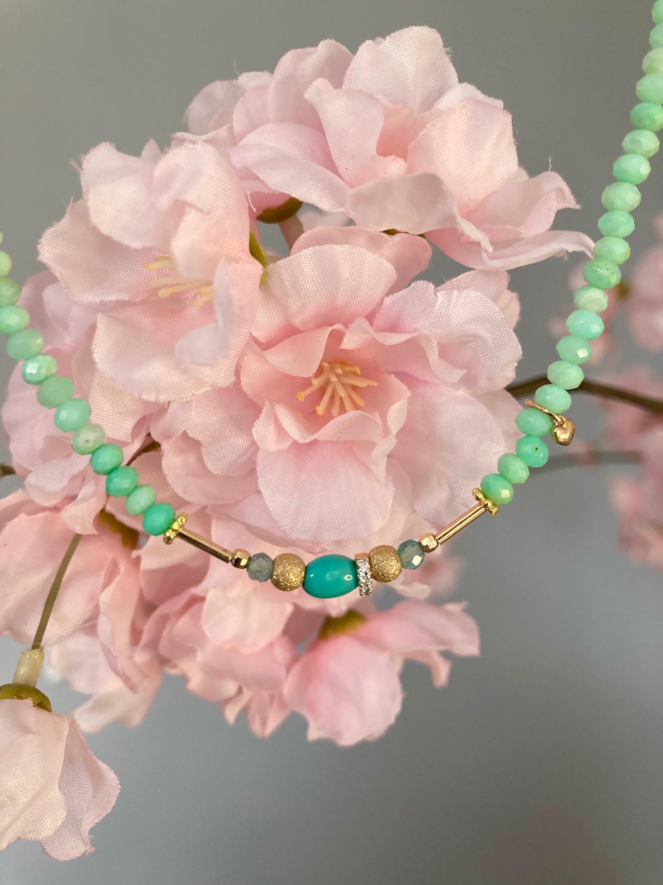 Modern Australian Chrysoprase And Sleeping Beauty Turquoise Diamond Gold Necklace For Sale