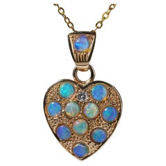 Australian Crystal Opal Diamond 9ct Gold Heart Pendant Flush Gypsy Set