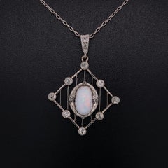 Australian Crystal Opal Diamond Art Deco Platinum Necklace Estate Fine Jewelry