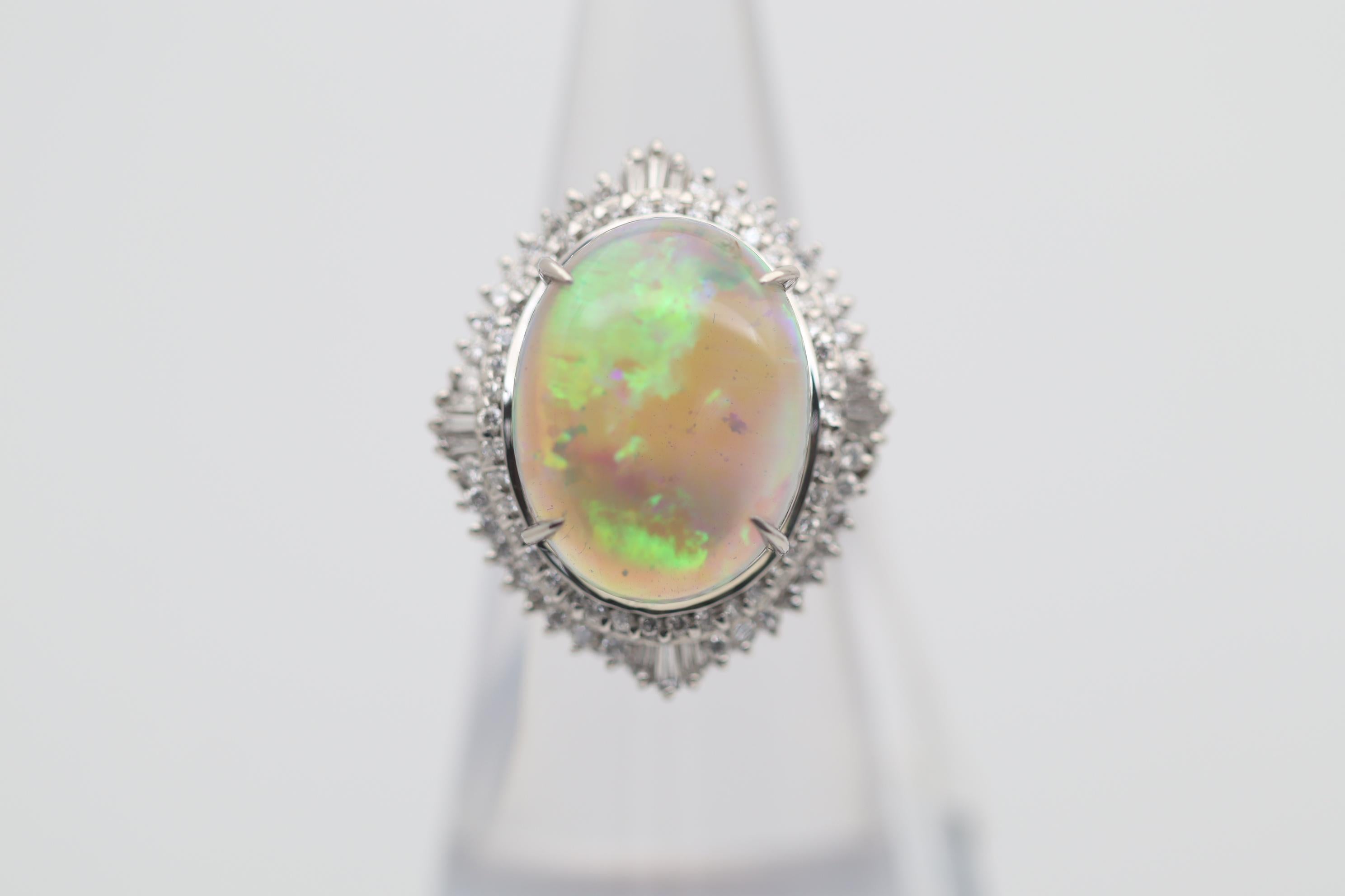 Cabochon Australian Crystal Opal Diamond Platinum Cocktail Ring For Sale