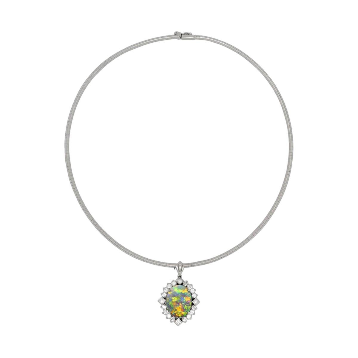 Cabochon Australian 7.86ct Crystal Opal, Diamond & Platinum Necklace For Sale