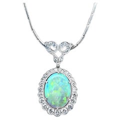 Australian Crystal Opal Diamond Platinum Pendant, Art-Deco Style