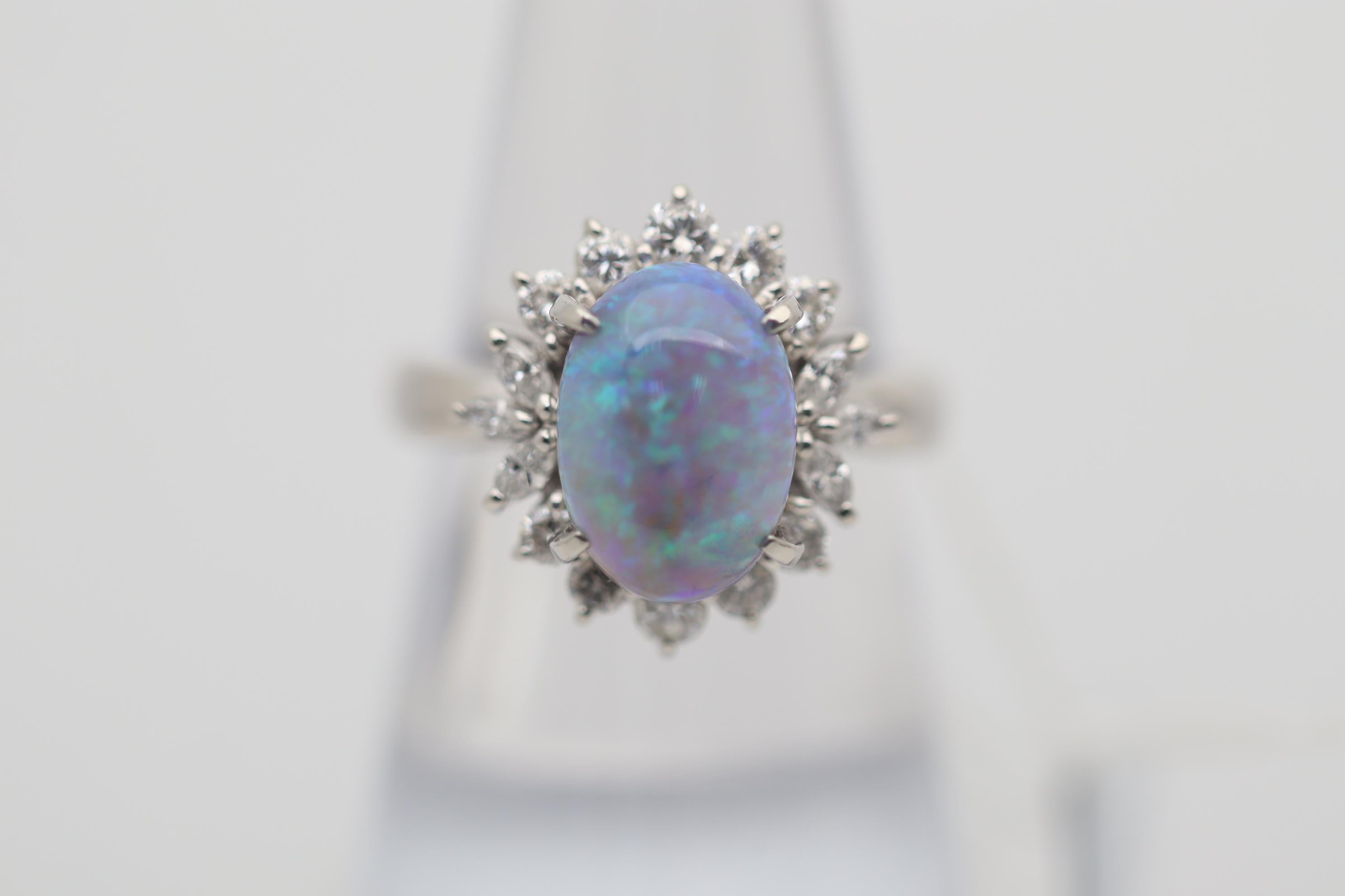 Cabochon Australian Crystal Opal Diamond Platinum Ring For Sale