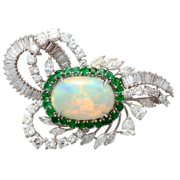 Oval Cut Australian Crystal Opal  Emerald Diamond Ribbon Brooch Clip Pin For Sale