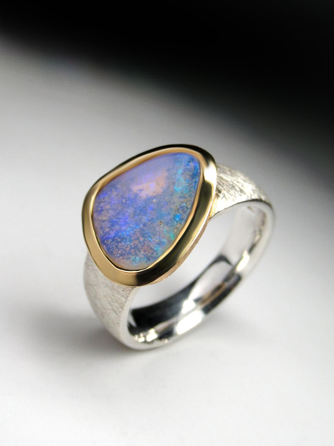Australian Crystal Opal Ring Silver 18K Gold neon wedding anniversary For Sale 4