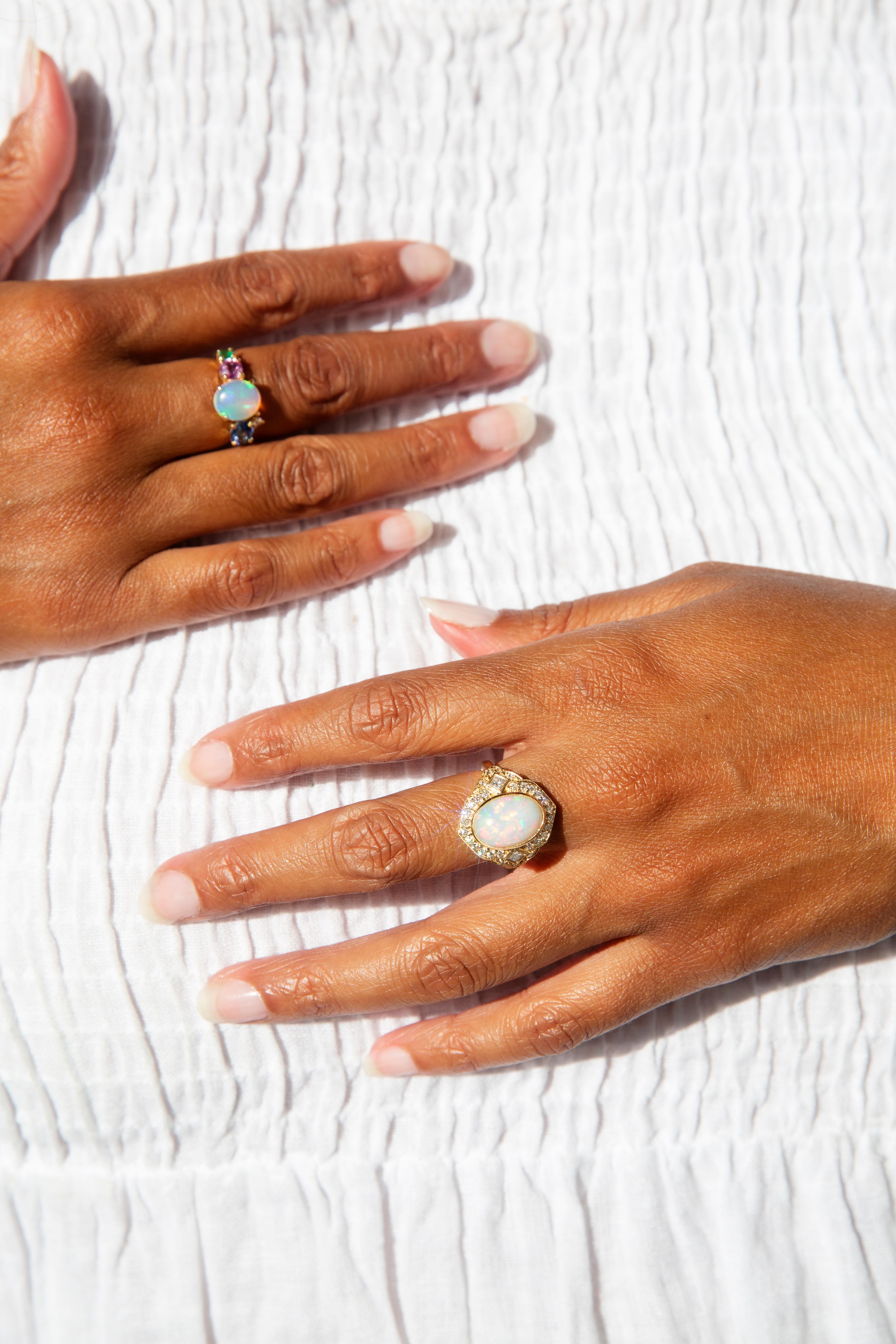 Australian Crystal Opal Sapphire Emerald and Diamond 18 Carat Yellow Gold Ring 4