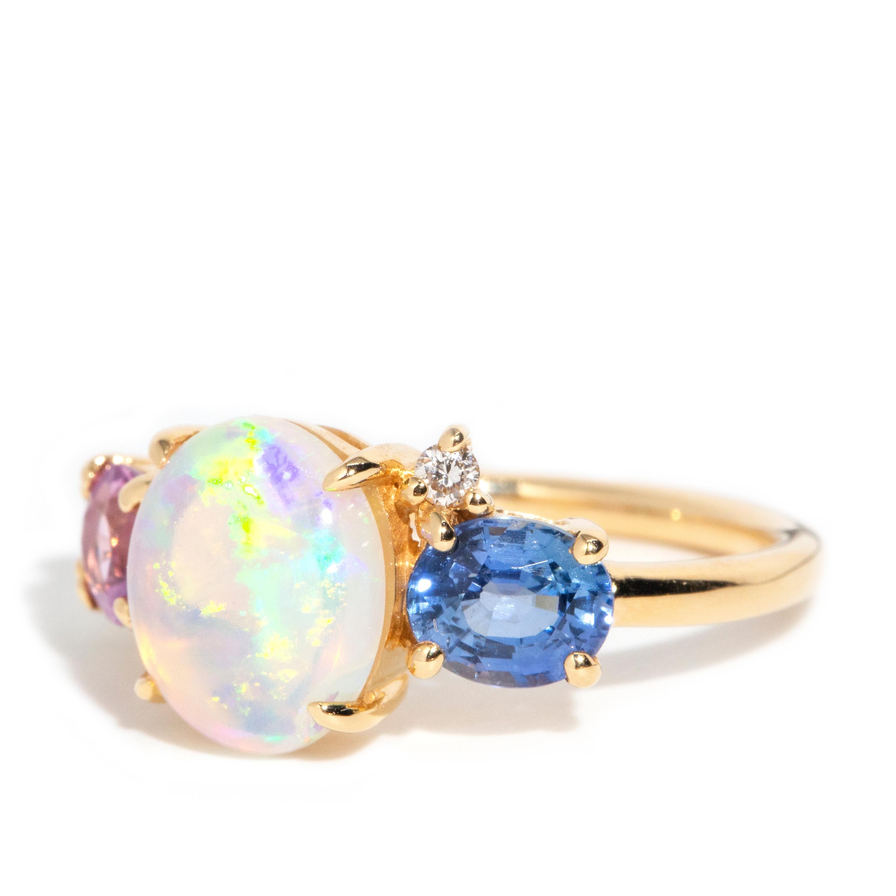 Contemporary Australian Crystal Opal Sapphire Emerald and Diamond 18 Carat Yellow Gold Ring