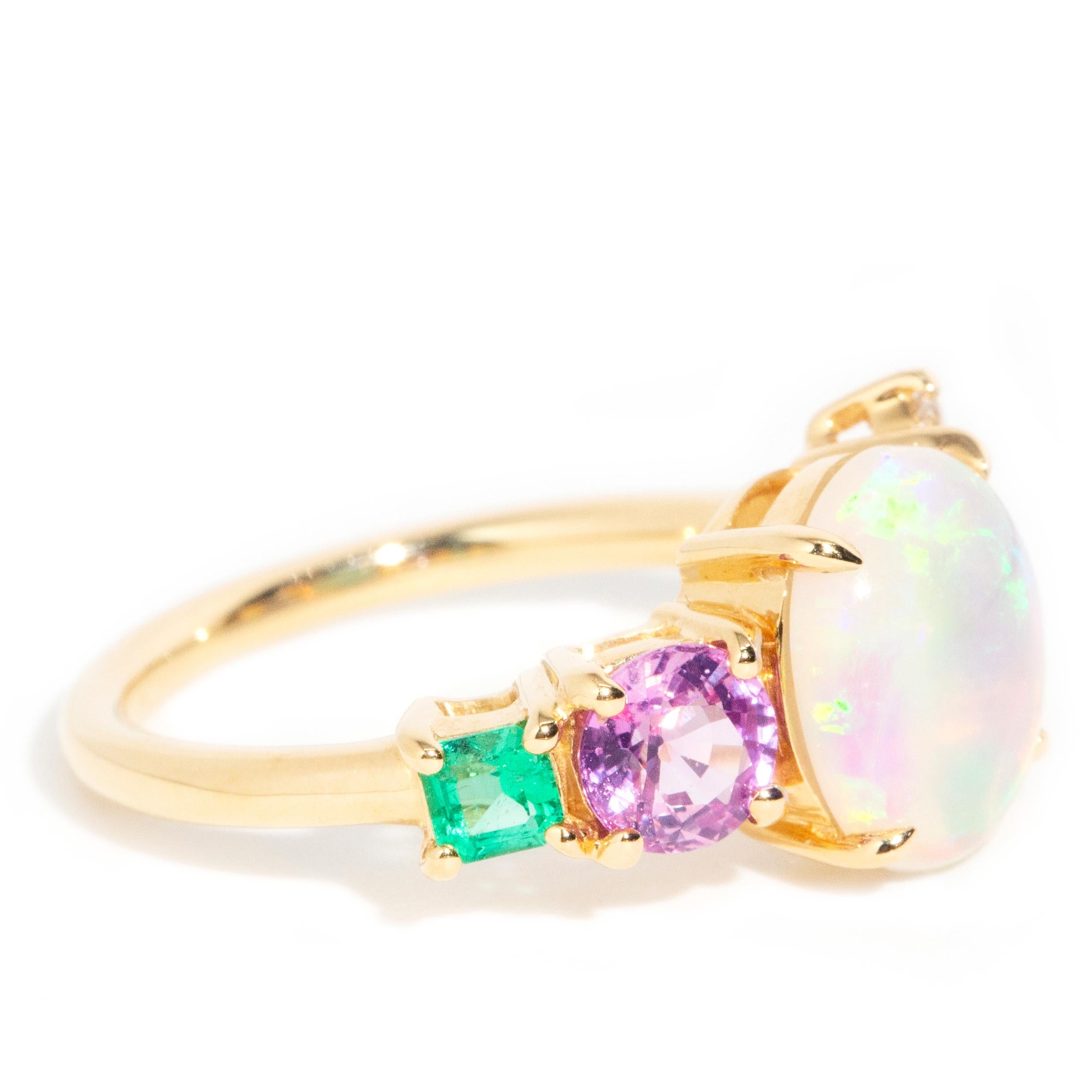 Australian Crystal Opal Sapphire Emerald and Diamond 18 Carat Yellow Gold Ring In New Condition In Hamilton, AU