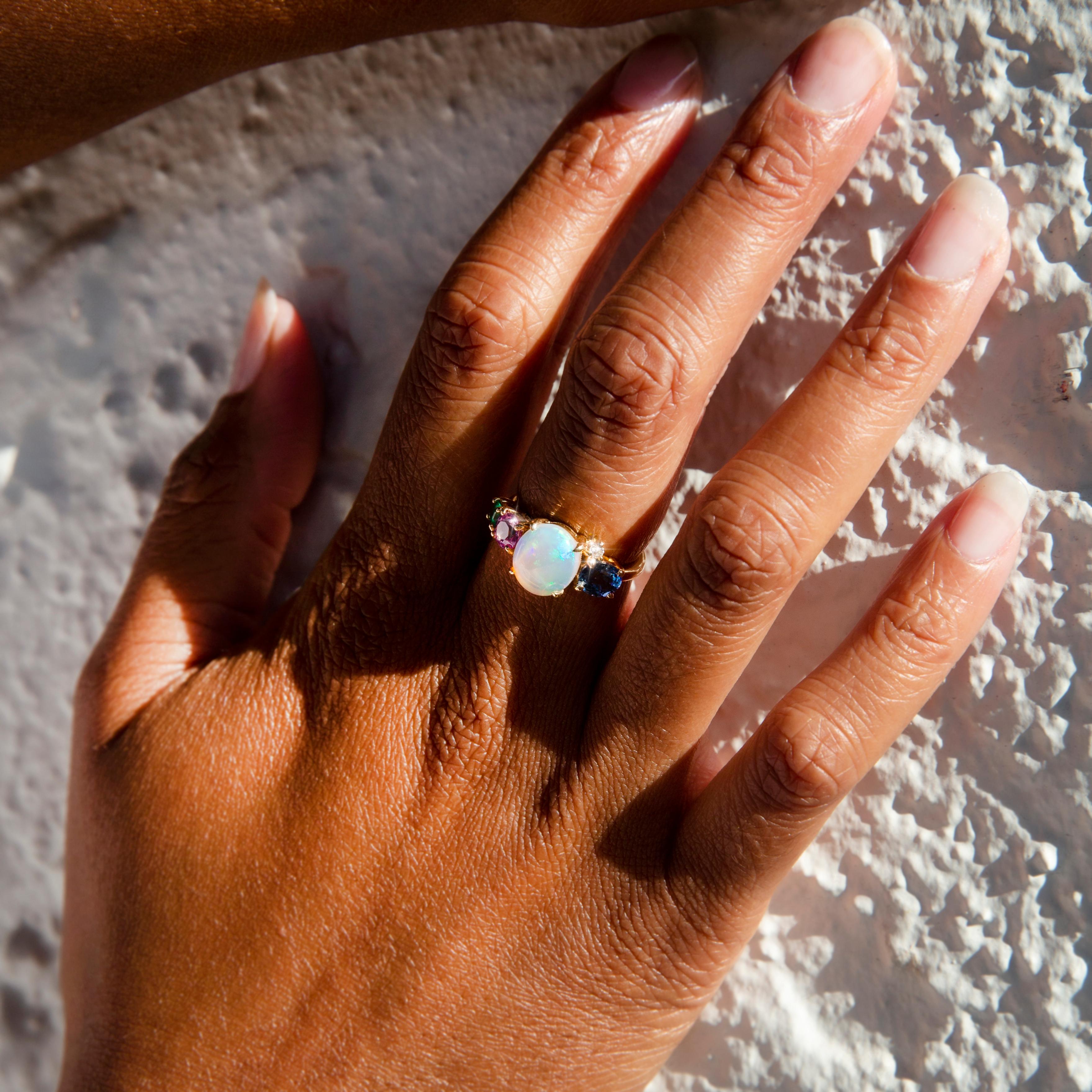 Women's Australian Crystal Opal Sapphire Emerald and Diamond 18 Carat Yellow Gold Ring