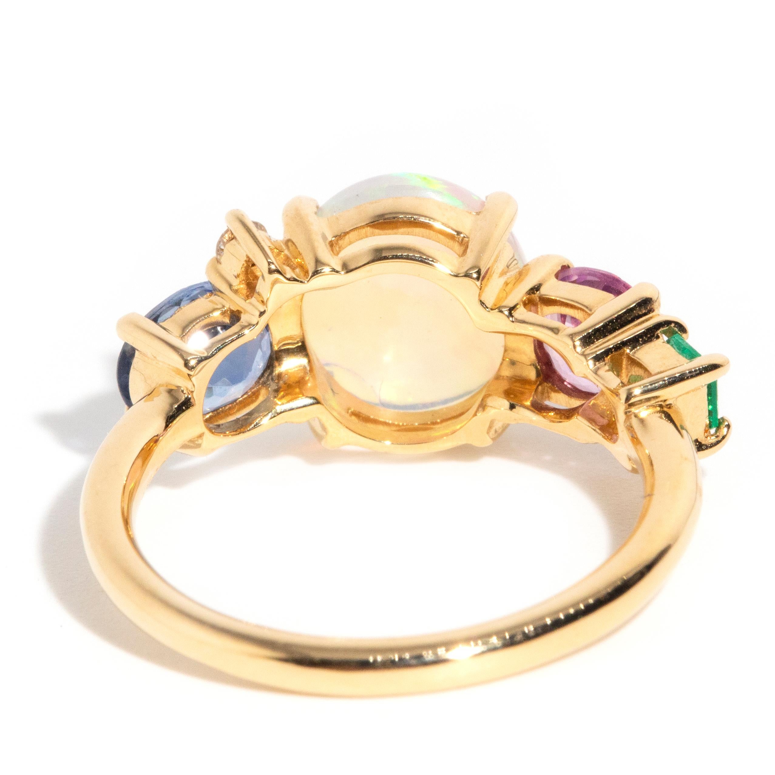 Australian Crystal Opal Sapphire Emerald and Diamond 18 Carat Yellow Gold Ring 1