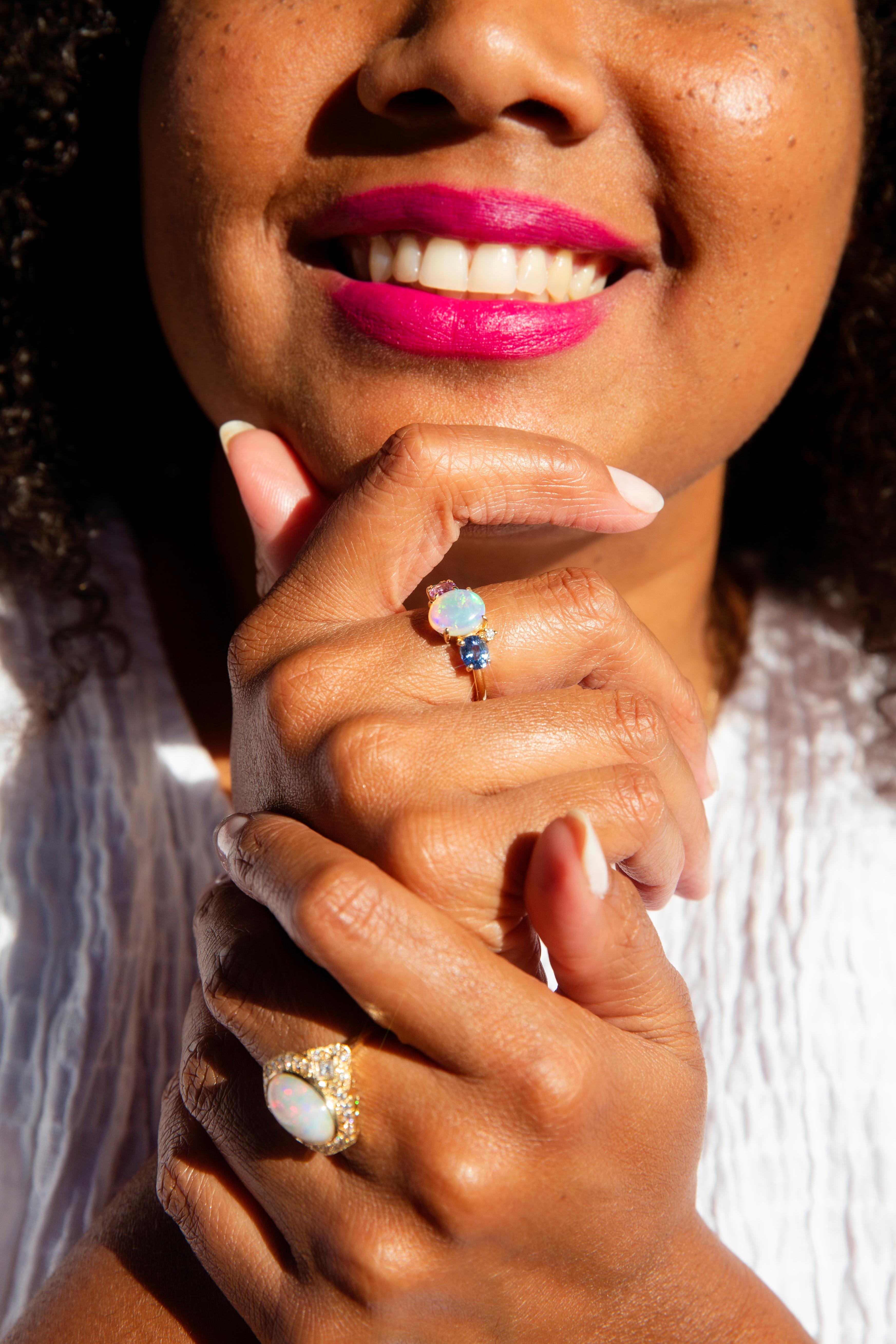 Australian Crystal Opal Sapphire Emerald and Diamond 18 Carat Yellow Gold Ring 2
