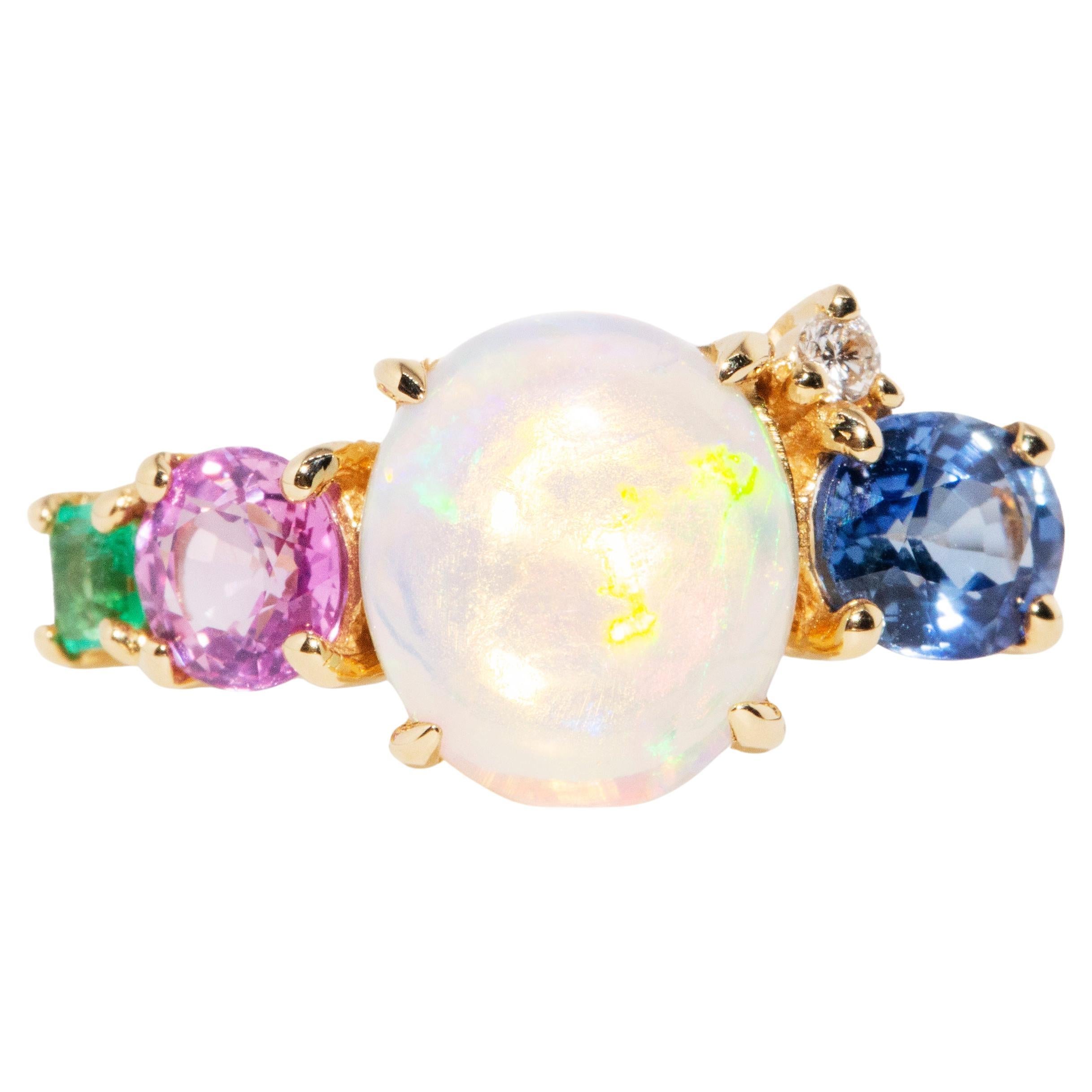 Australian Crystal Opal Sapphire Emerald and Diamond 18 Carat Yellow Gold Ring