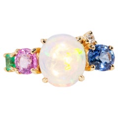 Australian Crystal Opal Sapphire Emerald and Diamond 18 Carat Yellow Gold Ring