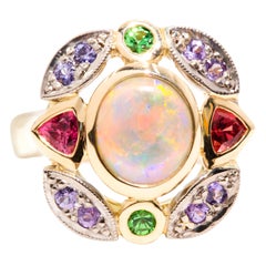 Australian Crystal Opal Sapphire Garnet and Spinel Cocktail 18 Carat Gold Ring