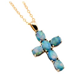 Australian Doublet Opal Cross Pendant Necklace 18K Yellow Gold