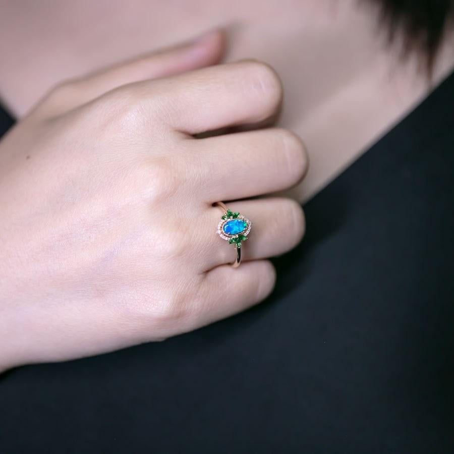 Arts and Crafts Australian Doublet Opal Diamond Tsavorite Engagement Ring 14K Yellow Gold For Sale