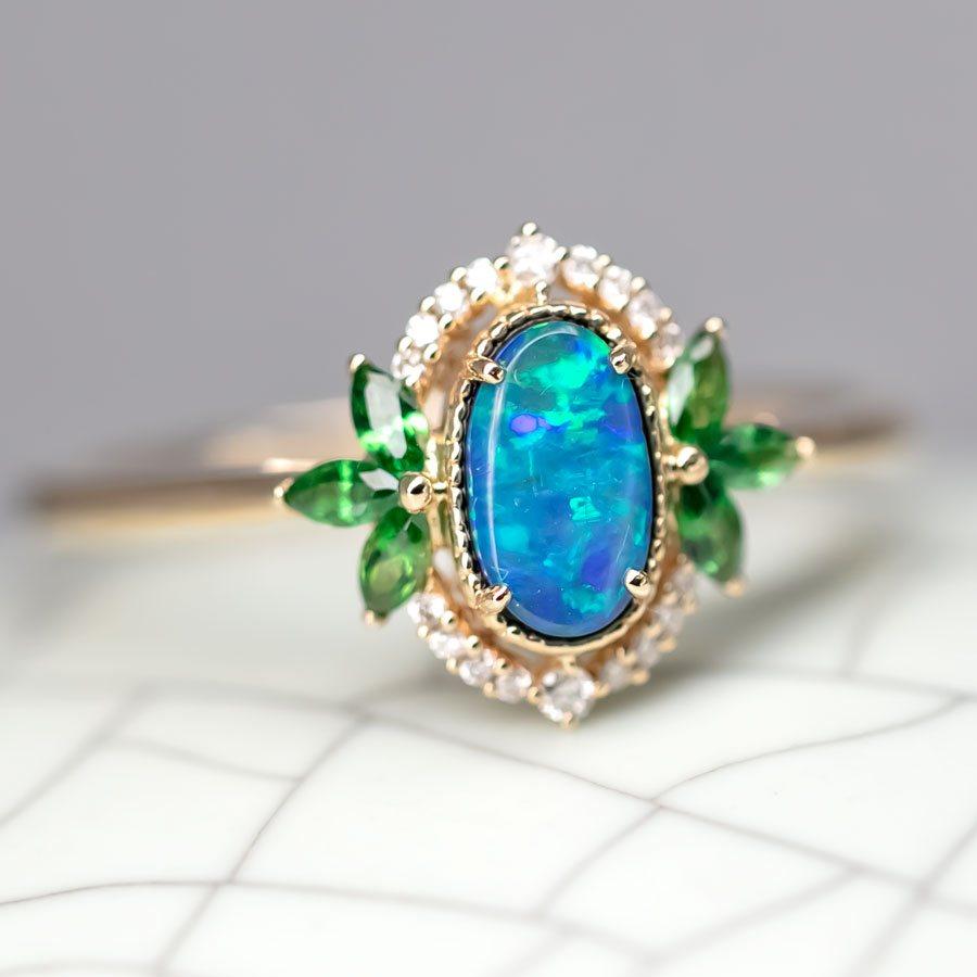 Brilliant Cut Australian Doublet Opal Diamond Tsavorite Engagement Ring 14K Yellow Gold For Sale
